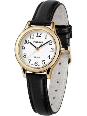 Women's Gold-Black Leather Band Small Analog Arabic Numerals Quartz Wrist Watch